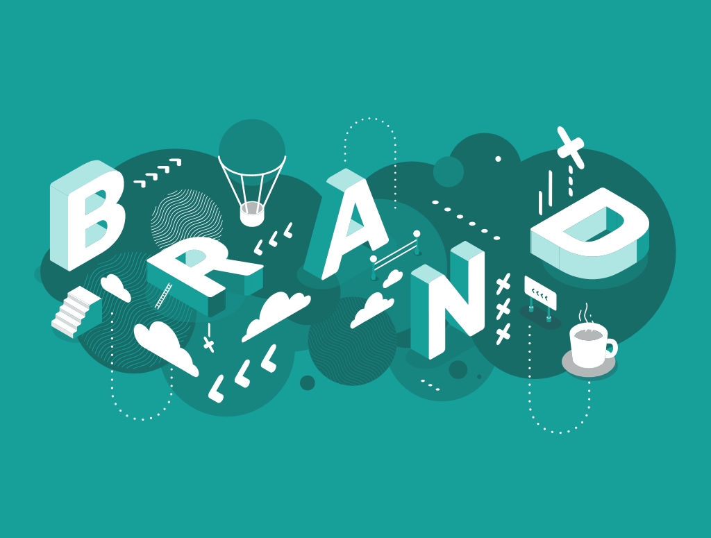 Graphic of the word “brand” designed with various icons