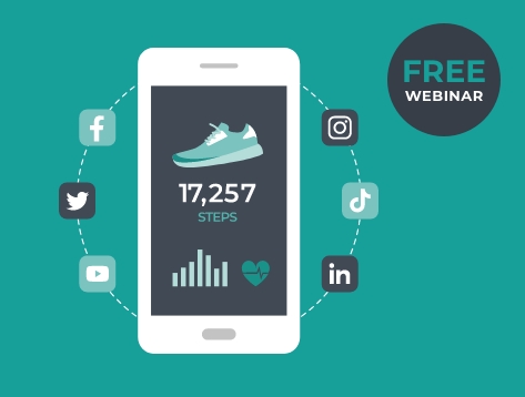  Graphic of a mobile phone showing a step counter surrounded by social media icons