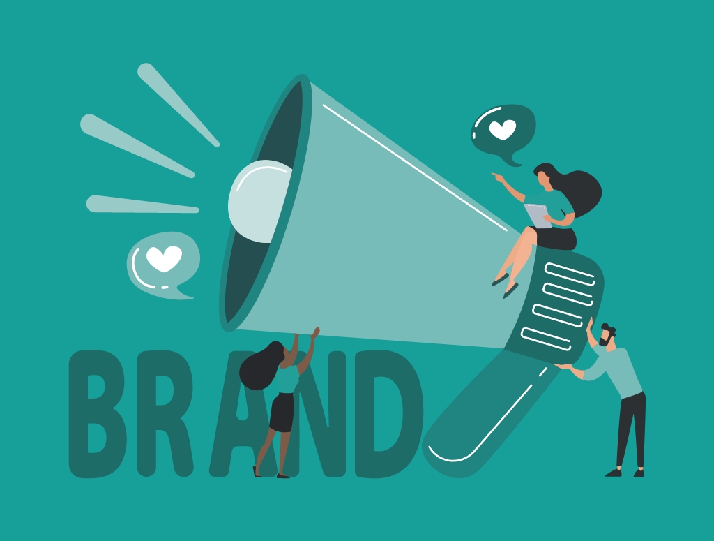 Graphic showing people around an oversized megaphone with the word "Brand" underneath