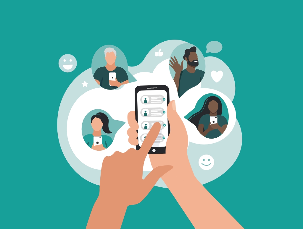 Graphic showing a close up of someone using a mobile phone surrounded by speech bubbles containing people