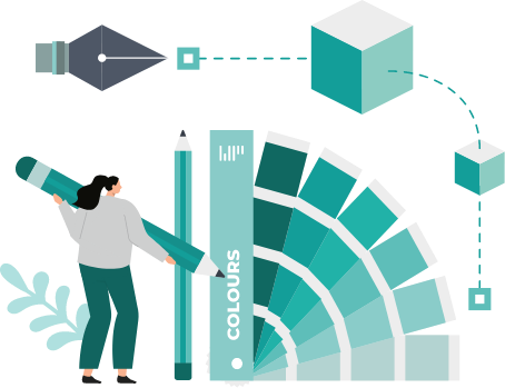 Graphic showing a graphic designer in front of a giant colour chart