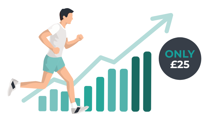 Graphic of a runner going past a bar chart with an upwords arrow and a letter G