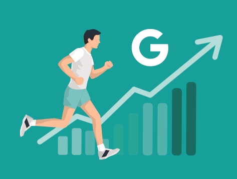 Graphic of a runner going past a bar chart with an upwords arrow and a letter G