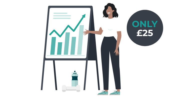 Graphic of a woman presenting some data with some training weights at her feet