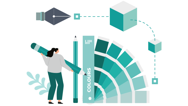 Graphic showing a graphic designer in front of a giant colour chart