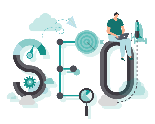 Graphic showing someone sitting on the word "SEO"