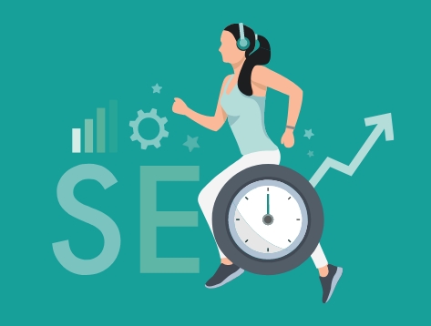 Graphic of a female runner surrounded by the word SEO and some graphs