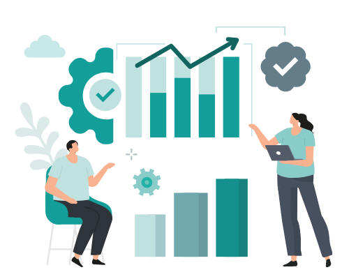 Graphic showing people presenting various graphs