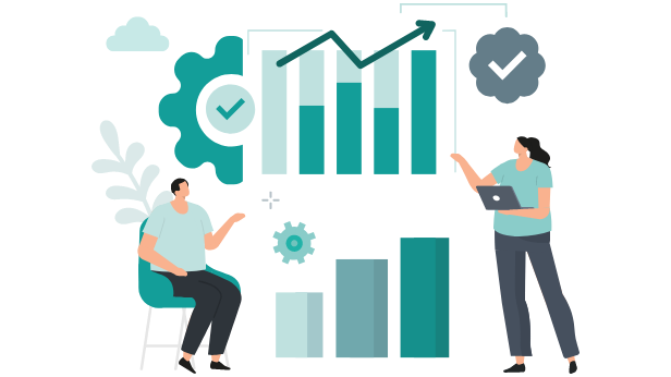 Graphic showing people presenting various graphs