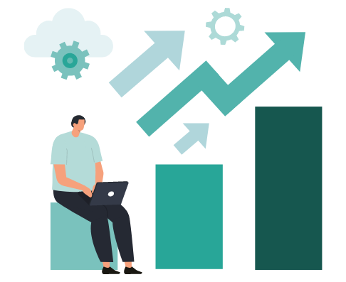 Graphic showing someone sitting on a bar graph using a laptop