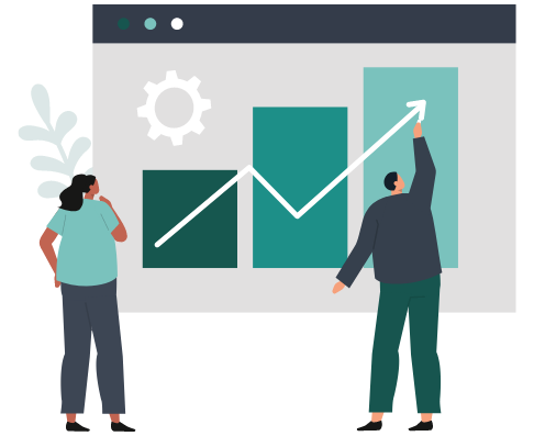 Graphic showing a team looking at a graph