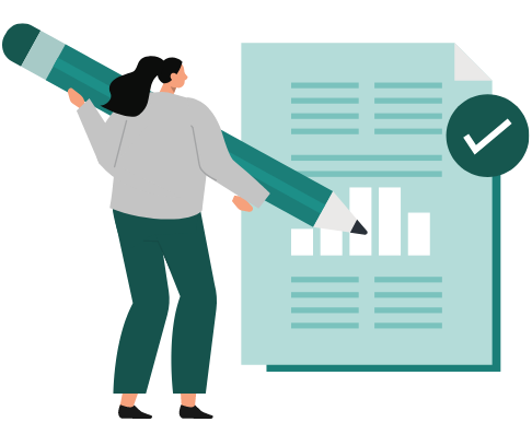 Graphic showing a woman creating some graphs in a report