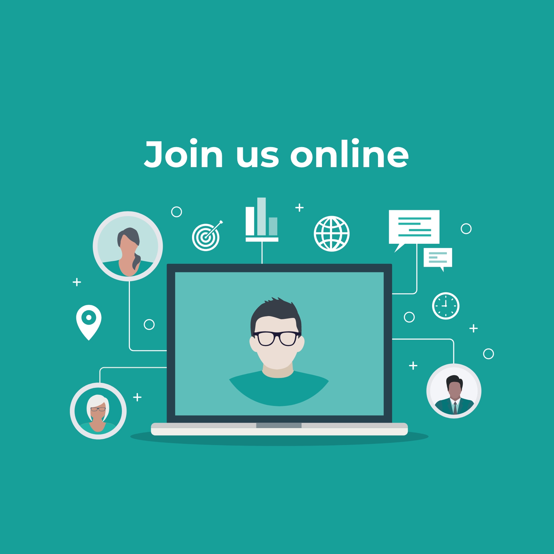 Graphic showing a laptop with someone presenting a webinar on the screen