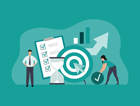 Graphic showing a team with a target, checklist and graphs