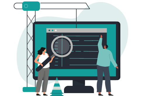 Graphic showing a website team working on a website with a magnifying glass