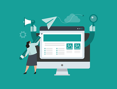 Graphic showing someone working on content on a website