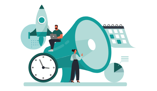Graphic showing a marketing team with a giant megaphone