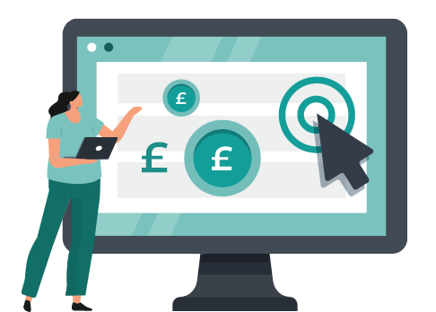 Graphic showing a marketing professional indicating ad spend