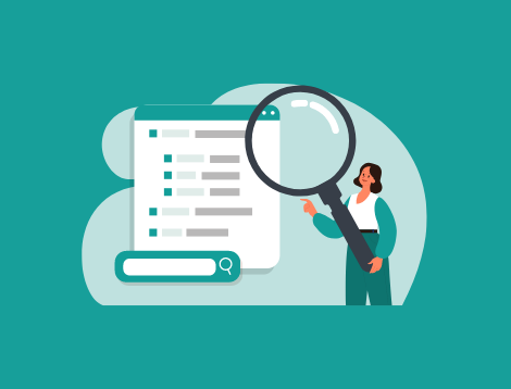 Graphic showing a woman holding a magnifying glass to a web page