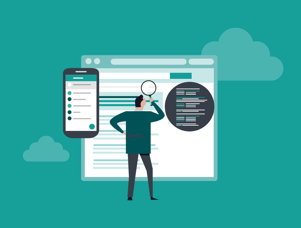 Graphic showing a man looking at a website through a magnifying glass