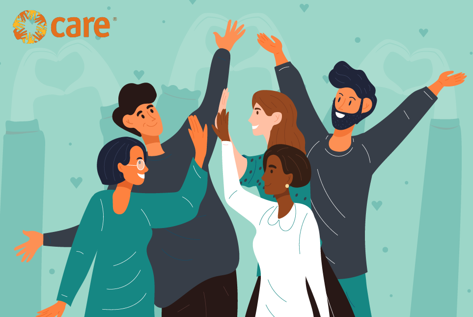 Graphic showing a group of people high fiving each other