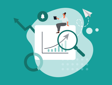 Graphic showing an upward trend, a magnifying glass, and a woman analyzing