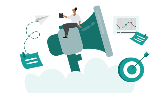 Graphic showing a marketer sitting on a giant megaphone