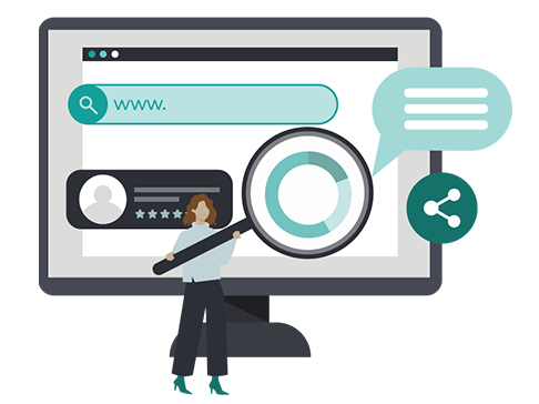 Graphic showing a marketer using a magnifying glass on some content