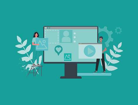 Graphic showing a team working on a website CMS