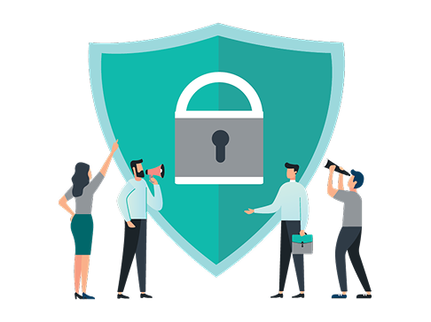 Graphic illustrating a group of people looking at the padlock icon representing online security