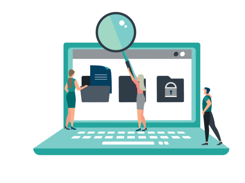 Graphic showing people examining a web page with a magnifying glass