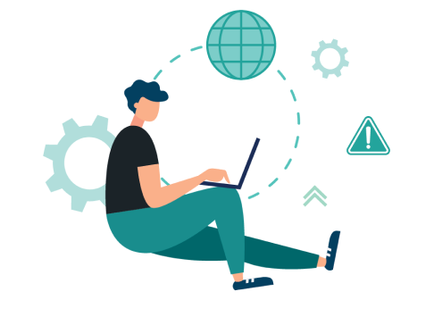 Graphic showing a man researching on his laptop