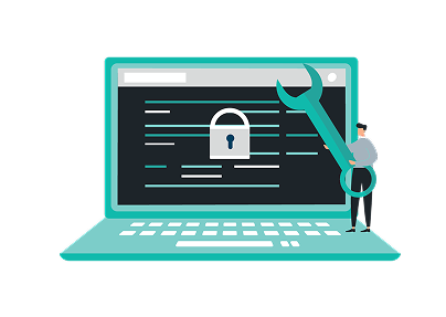 Graphic showing a man trying to fix online security