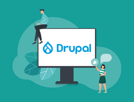 Graphic showing people next to the monitor that says “Drupal”