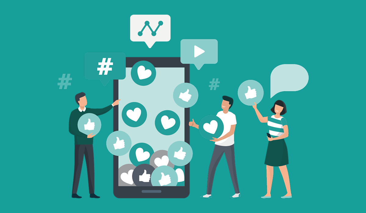 Graphic showing people looking at a phone filled with social media reactions
